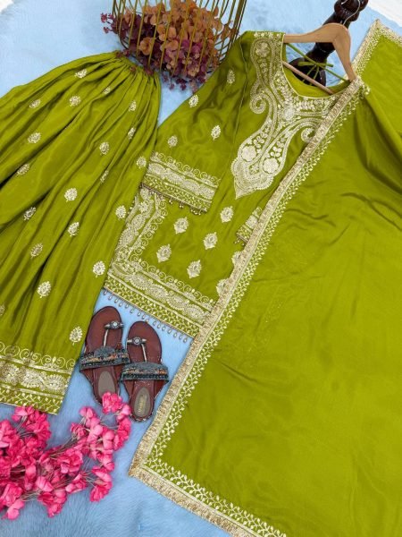 Practical Green Heavy Chinon Silk Embroidered Top Palazzo Dupatta Set at Wholesale Rate Ready To Wear Collection