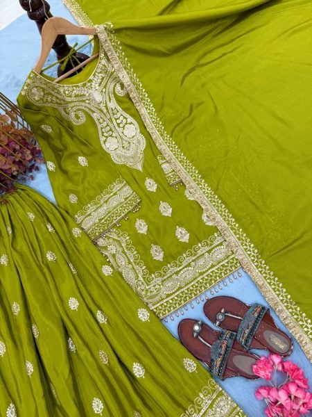 Practical Green Heavy Chinon Silk Embroidered Top Palazzo Dupatta Set at Wholesale Rate Ready To Wear Collection