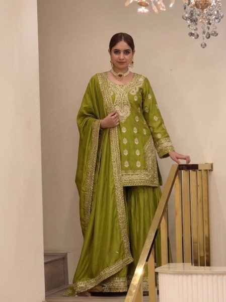Practical Green Heavy Chinon Silk Embroidered Top Palazzo Dupatta Set at Wholesale Rate Ready To Wear Collection