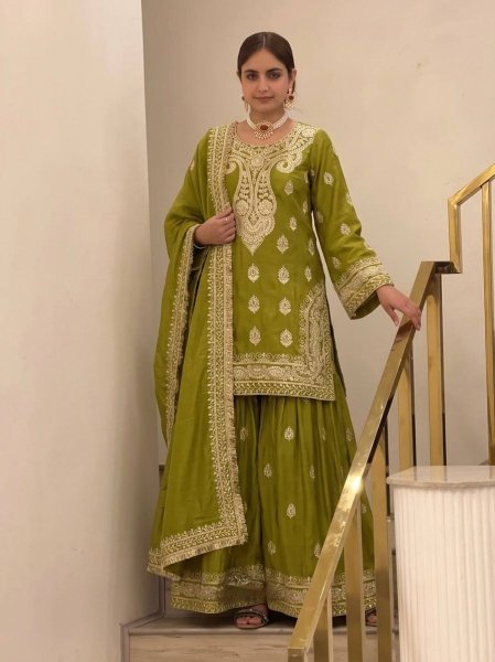 Practical Green Heavy Chinon Silk Embroidered Top Palazzo Dupatta Set at Wholesale Rate Ready To Wear Collection