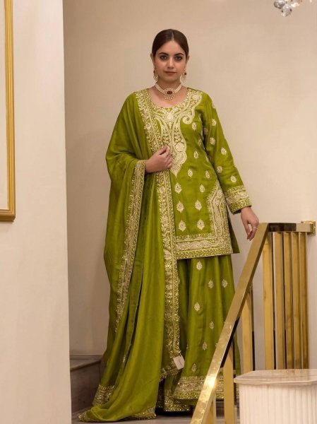 Practical Green Heavy Chinon Silk Embroidered Top Palazzo Dupatta Set at Wholesale Rate Ready To Wear Collection