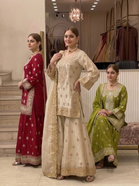 Practical Green Heavy Chinon Silk Embroidered Top Palazzo Dupatta Set at Wholesale Rate Ready To Wear Collection