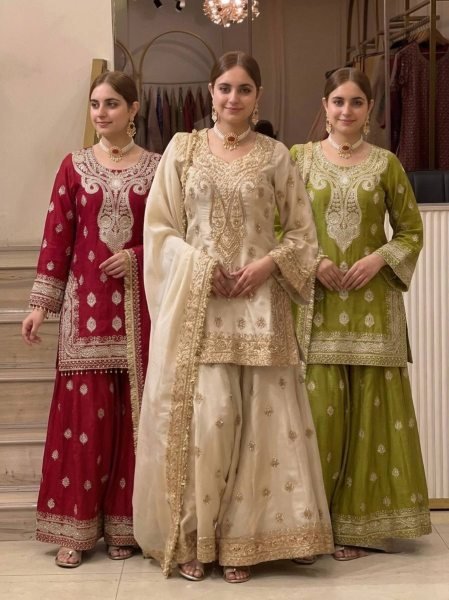 Practical Green Heavy Chinon Silk Embroidered Top Palazzo Dupatta Set at Wholesale Rate Ready To Wear Collection