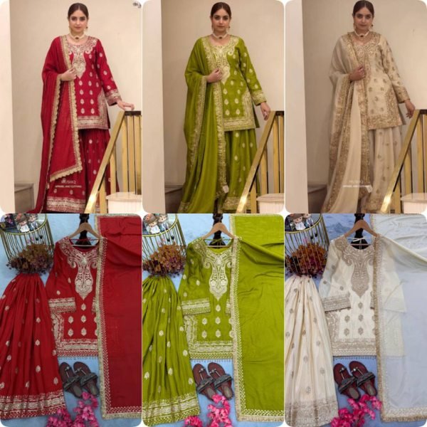 Practical Green Heavy Chinon Silk Embroidered Top Palazzo Dupatta Set at Wholesale Rate Ready To Wear Collection