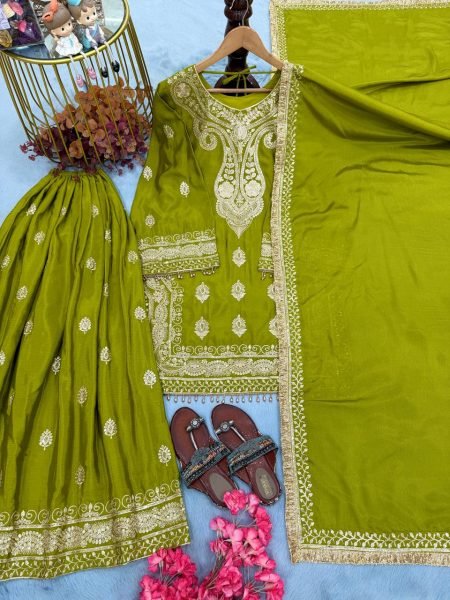 Practical Green Heavy Chinon Silk Embroidered Top Palazzo Dupatta Set at Wholesale Rate Ready To Wear Collection