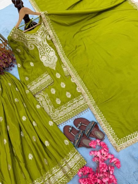 Practical Green Heavy Chinon Silk Embroidered Top Palazzo Dupatta Set at Wholesale Rate Ready To Wear Collection