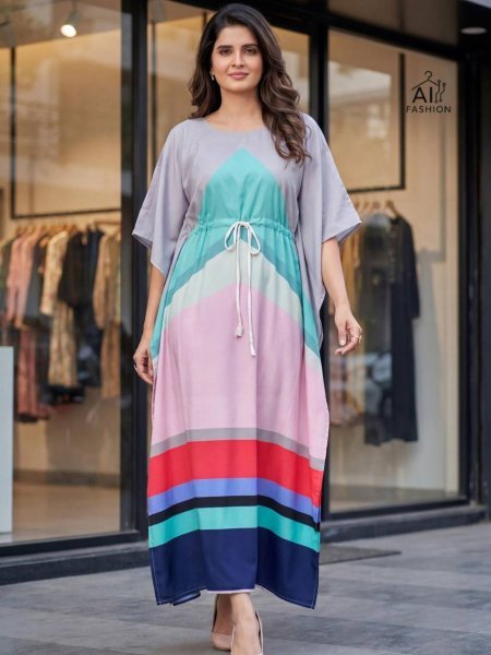 Practical Lavender Trendy Long Kaftan Dress in Soft Crepe Fabric for Women Kurtis