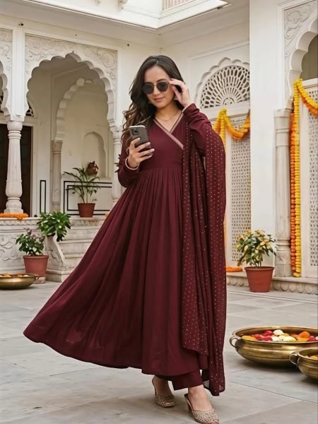 Practical Maroon Premium Angrakha Style Chanderi Kurti with Matching Bottom 