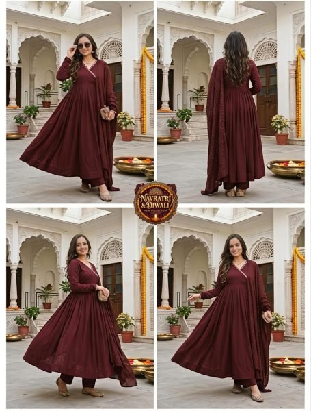 Practical Maroon Premium Angrakha Style Chanderi Kurti with Matching Bottom Anarkali Kurtis 