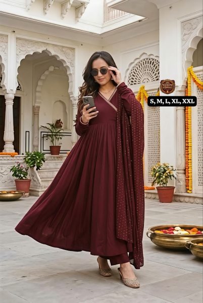 Practical Maroon Premium Angrakha Style Chanderi Kurti with Matching Bottom Anarkali Kurtis 