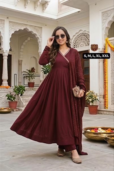 Practical Maroon Premium Angrakha Style Chanderi Kurti with Matching Bottom Anarkali Kurtis 