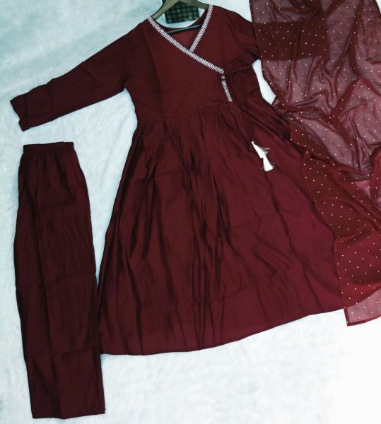 Practical Maroon Premium Angrakha Style Chanderi Kurti with Matching Bottom Anarkali Kurtis 