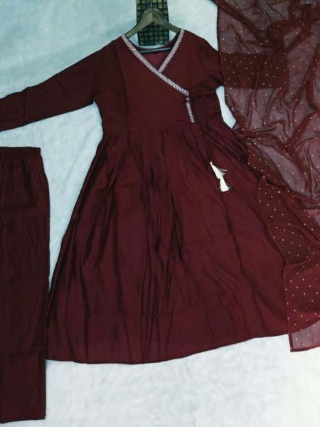Practical Maroon Premium Angrakha Style Chanderi Kurti with Matching Bottom Anarkali Kurtis 