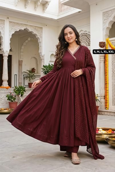Practical Maroon Premium Angrakha Style Chanderi Kurti with Matching Bottom Anarkali Kurtis 