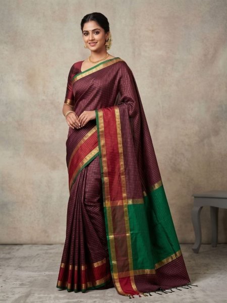 Practical Maroon Soft Katan Silk Saree with All Over Zari Work and Contrast Pallu Sarees 