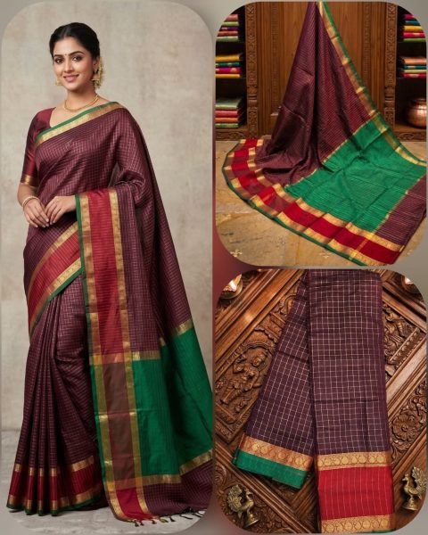Practical Maroon Soft Katan Silk Saree with All Over Zari Work and Contrast Pallu South Indian Saree 