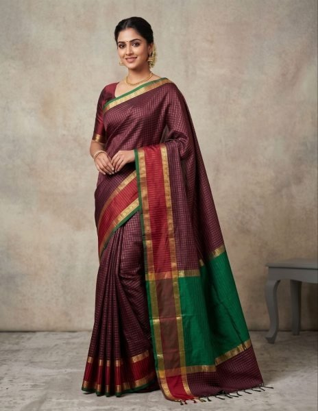 Practical Maroon Soft Katan Silk Saree with All Over Zari Work and Contrast Pallu South Indian Saree 
