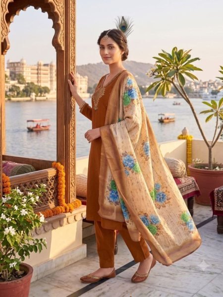 Practical Mul Chanderi Hand Work Kurti Pant Set with Heavy Lichi Silk Jacquard Dupatta For  Wedding Wear Kurtis