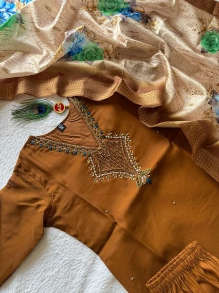 Practical Mul Chanderi Hand Work Kurti Pant Set with Heavy Lichi Silk Jacquard Dupatta For  Wedding Wear Embroidery Kurtis 