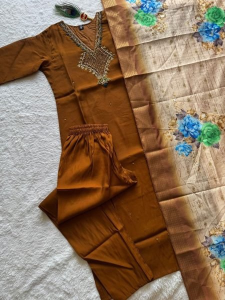 Practical Mul Chanderi Hand Work Kurti Pant Set with Heavy Lichi Silk Jacquard Dupatta For  Wedding Wear Embroidery Kurtis 