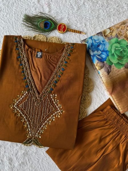 Practical Mul Chanderi Hand Work Kurti Pant Set with Heavy Lichi Silk Jacquard Dupatta For  Wedding Wear Embroidery Kurtis 