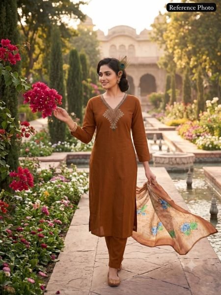 Practical Mul Chanderi Hand Work Kurti Pant Set with Heavy Lichi Silk Jacquard Dupatta For  Wedding Wear Embroidery Kurtis 