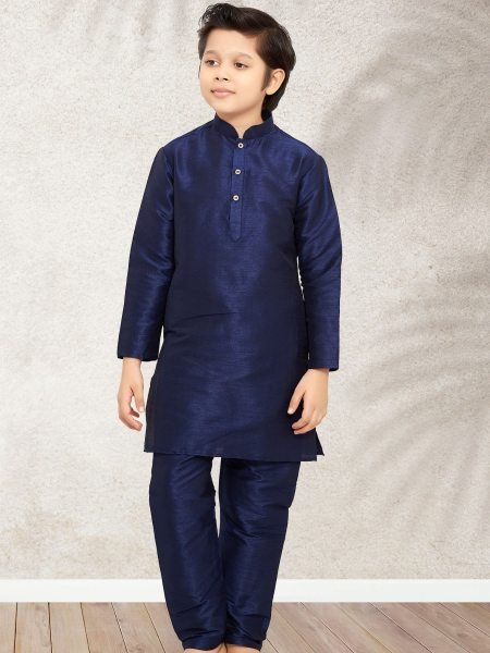 Practical Navy Blue Banarasi Silk Kurta Pajama for Boys Festive and Traditional Wear 