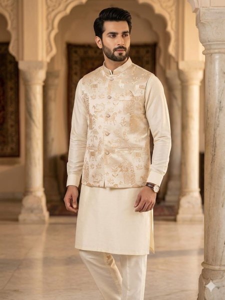 Practical Off White Wedding Special Kurta Pyjama with Waistcoat for Men Mens Wear