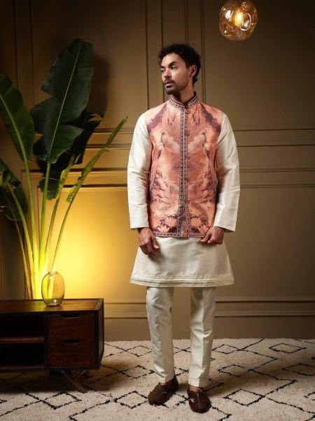 Practical OffWhite Peach Men   s Koti Kurta Pant Set with 3D Jacquard Weaving 