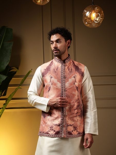Practical OffWhite Peach Men   s Koti Kurta Pant Set with 3D Jacquard Weaving Kurta Pajama Wholesale