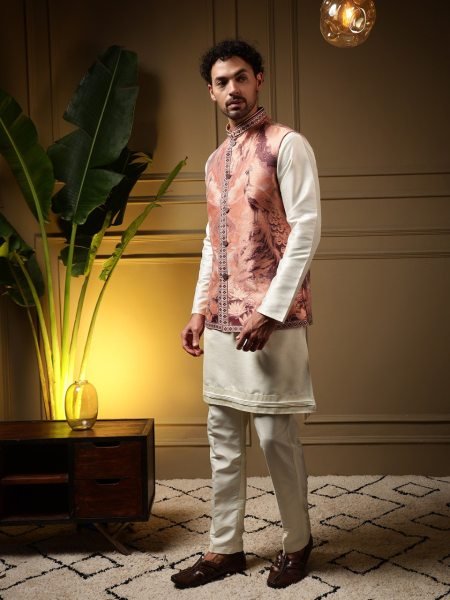 Practical OffWhite Peach Men   s Koti Kurta Pant Set with 3D Jacquard Weaving Kurta Pajama Wholesale
