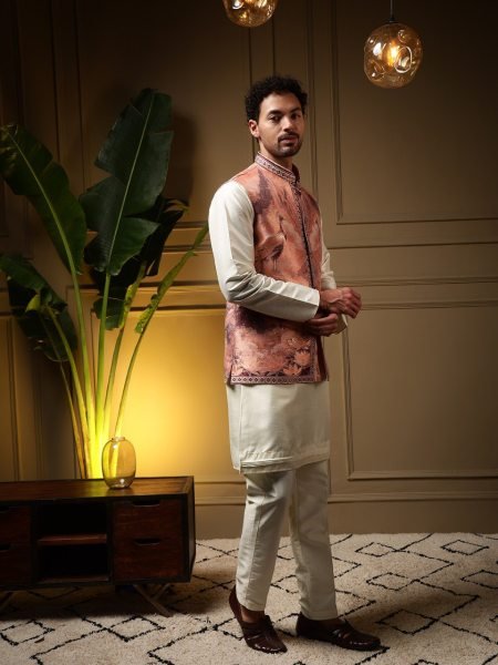 Practical OffWhite Peach Men   s Koti Kurta Pant Set with 3D Jacquard Weaving Kurta Pajama Wholesale