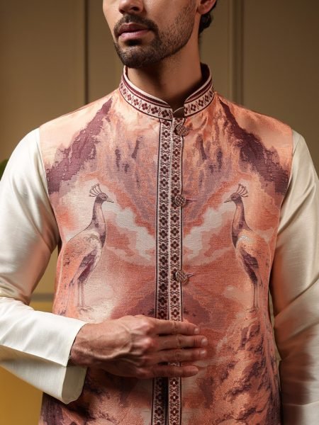 Practical OffWhite Peach Men   s Koti Kurta Pant Set with 3D Jacquard Weaving Kurta Pajama Wholesale