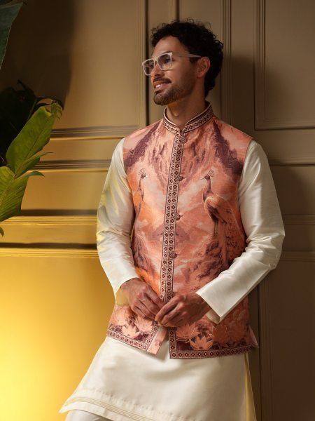 Practical OffWhite Peach Men   s Koti Kurta Pant Set with 3D Jacquard Weaving Kurta Pajama Wholesale