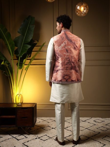 Practical OffWhite Peach Men   s Koti Kurta Pant Set with 3D Jacquard Weaving Kurta Pajama Wholesale