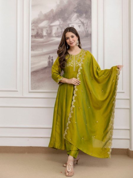 Practical Olive Green Women's Vichitra Silk Anarkali Sharara Set for Wedding Wear Anarkali Kurtis 