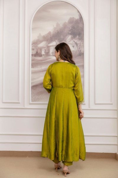 Practical Olive Green Women's Vichitra Silk Anarkali Sharara Set for Wedding Wear Embroidery Kurtis 