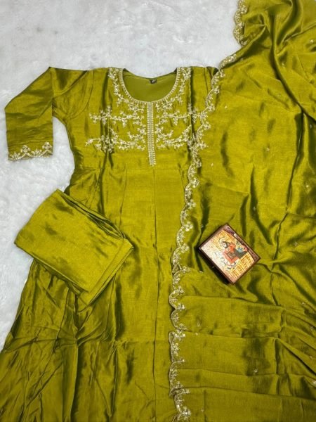 Practical Olive Green Women's Vichitra Silk Anarkali Sharara Set for Wedding Wear Embroidery Kurtis 
