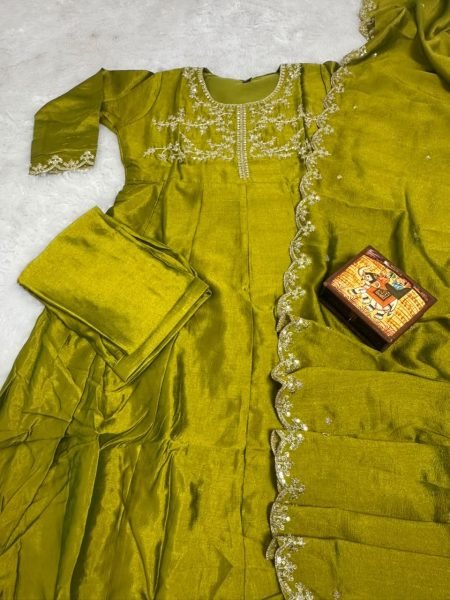 Practical Olive Green Women's Vichitra Silk Anarkali Sharara Set for Wedding Wear Embroidery Kurtis 
