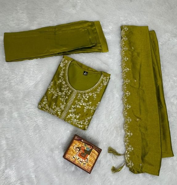 Practical Olive Green Women's Vichitra Silk Anarkali Sharara Set for Wedding Wear Embroidery Kurtis 