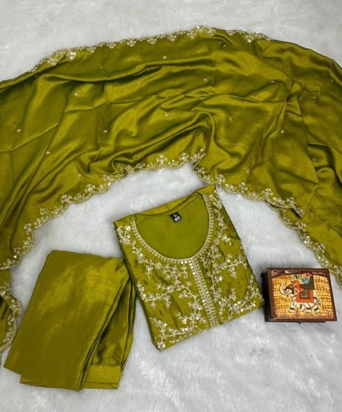 Practical Olive Green Women's Vichitra Silk Anarkali Sharara Set for Wedding Wear Embroidery Kurtis 