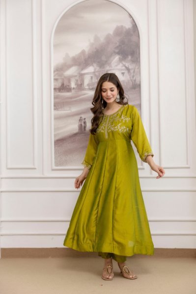 Practical Olive Green Women's Vichitra Silk Anarkali Sharara Set for Wedding Wear Embroidery Kurtis 