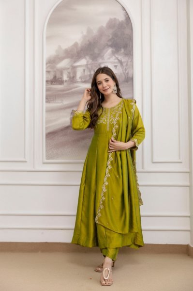 Practical Olive Green Women's Vichitra Silk Anarkali Sharara Set for Wedding Wear Embroidery Kurtis 