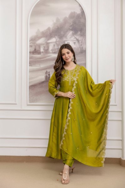 Practical Olive Green Women's Vichitra Silk Anarkali Sharara Set for Wedding Wear Embroidery Kurtis 