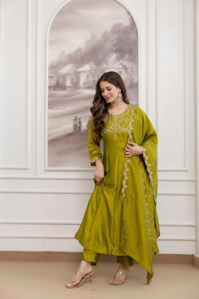 Practical Olive Green Women's Vichitra Silk Anarkali Sharara Set for Wedding Wear Embroidery Kurtis 