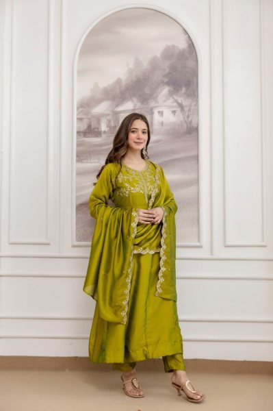 Practical Olive Green Women's Vichitra Silk Anarkali Sharara Set for Wedding Wear Embroidery Kurtis 