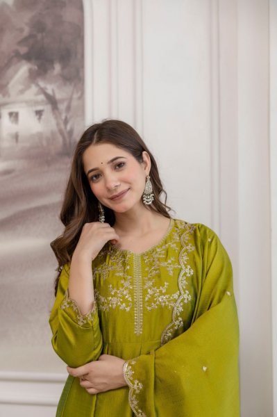 Practical Olive Green Women's Vichitra Silk Anarkali Sharara Set for Wedding Wear Embroidery Kurtis 