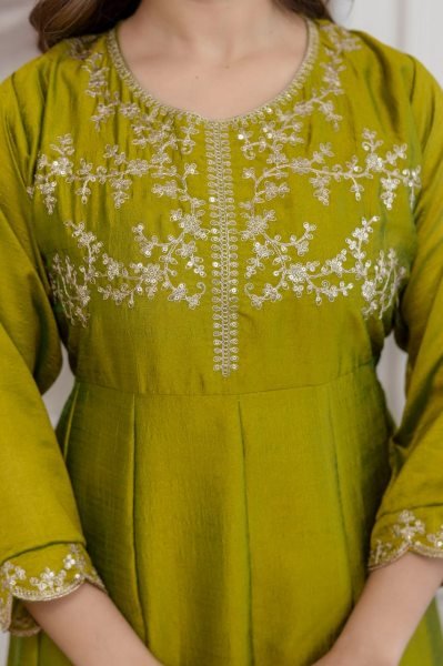 Practical Olive Green Women's Vichitra Silk Anarkali Sharara Set for Wedding Wear Embroidery Kurtis 