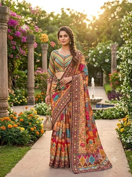 Practical Orange Chinon Saree with Mirror Work and Unstitch Chinon Blouse For Festival Sarees 