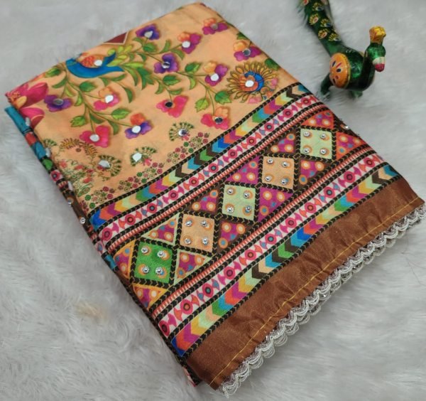 Practical Orange Chinon Saree with Mirror Work and Unstitch Chinon Blouse For Festival Printed Cotton Sarees Wholesale